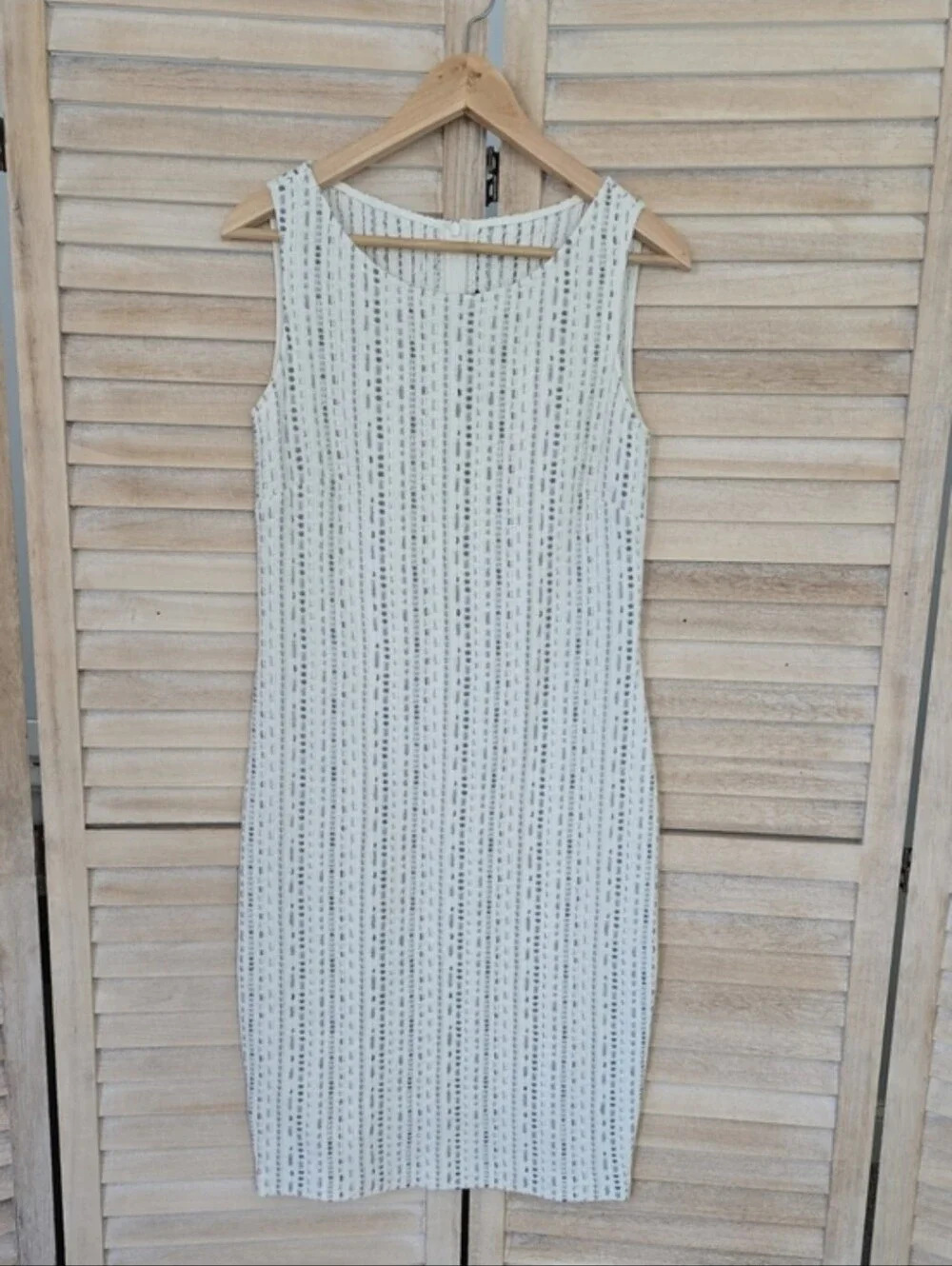 St. John Collection Metallic Knit 2pc Dress Jacket Set Gray Ivory Size 6